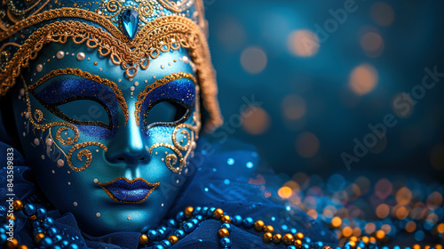Realistic luxury ornate carnival mask with blue feathers. Abstract blurred background and light effects photo