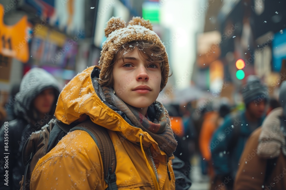A young man in a yellow jacket and a knitted hat looks directly at the camera during a Fridays for Future protest in a city A young man in a yellow jacket and a knitted hat looks directly at the camera during a Fridays for Future protest in a city