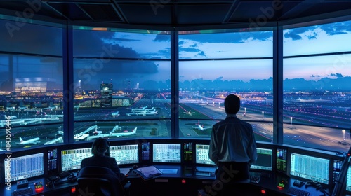 air traffic controllers at work in a control tower with a panoramic view of the airport runways