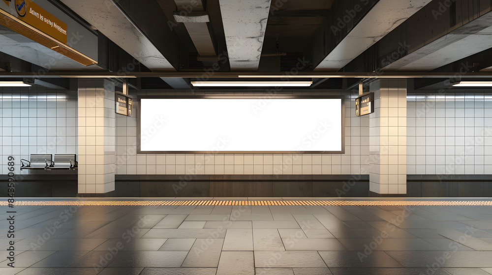 A blank white poster on the wall of an empty subway station A blank white poster on the wall of an empty subway station