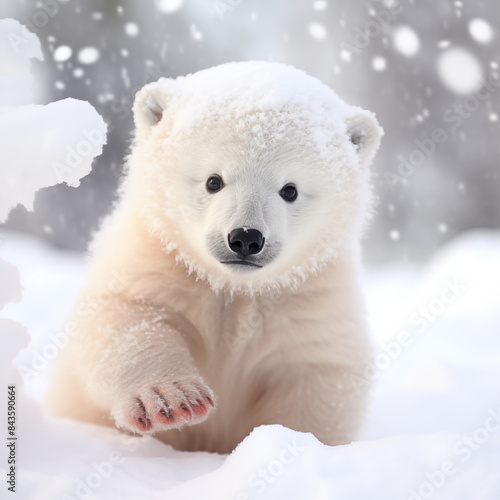 Adorable Polar Bear Cub in a Snowy Winter Wonderland, This heartwarming photograph captures an adorable polar bear cub amidst a pristine snowy landscape. The fluffy white cub, with its curious eyes.