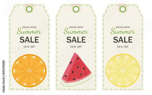 Set with summer product tags. Triangular slice of red watermelon. Round slice of orange and yellow lemon. Price tag with text summer sale on a transparent and white background. Vector. Coupon isolated