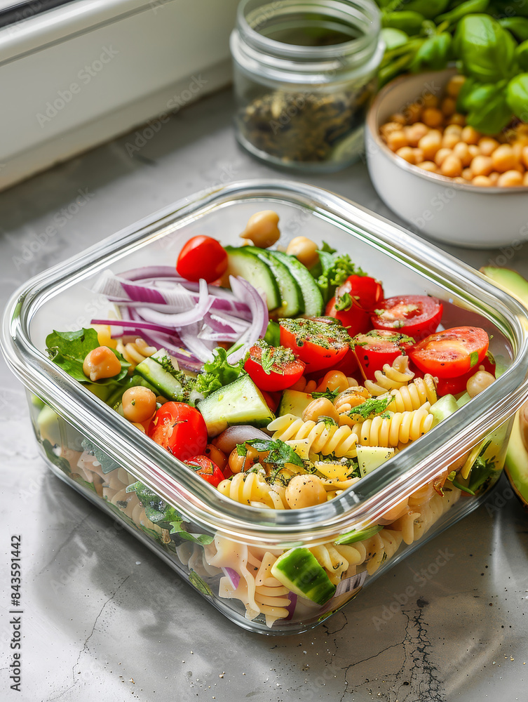 Close-up of a single meal prep container - Detailed image of one meal prep container, showcasing an assortment of fresh, healthy ingredients Close-up of a single meal prep container - Detailed image of one meal prep container, showcasing an assortment of fresh, healthy ingredients