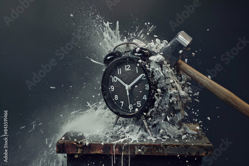 Hammer smashing alarm clock. Stopping time, wake up