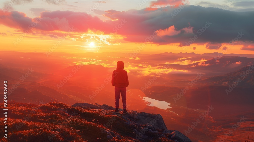 Fototapeta premium A person standing on a hilltop at sunset, looking out over a valley, reflecting awe.