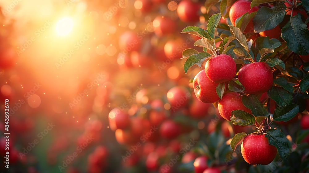 Orchard blurred background with fresh apple falling from tree Orchard blurred background with fresh apple falling from tree