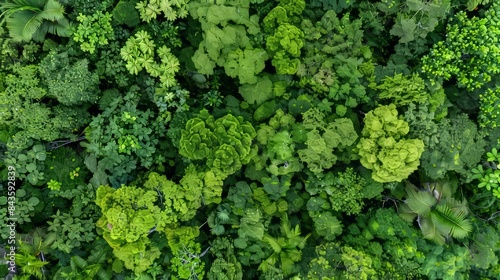 Aerial view forest canopy absorbing co2 with green trees for carbon neutrality and zero emissions