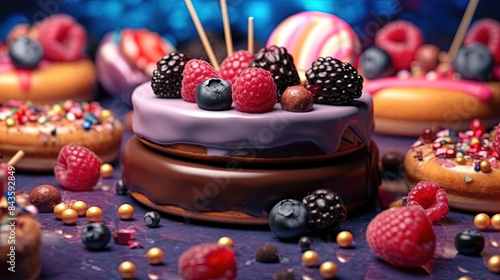 Chocolate dessert with raspberry and blueberry, cheesecake with fresh berries, nuts and caramel photo