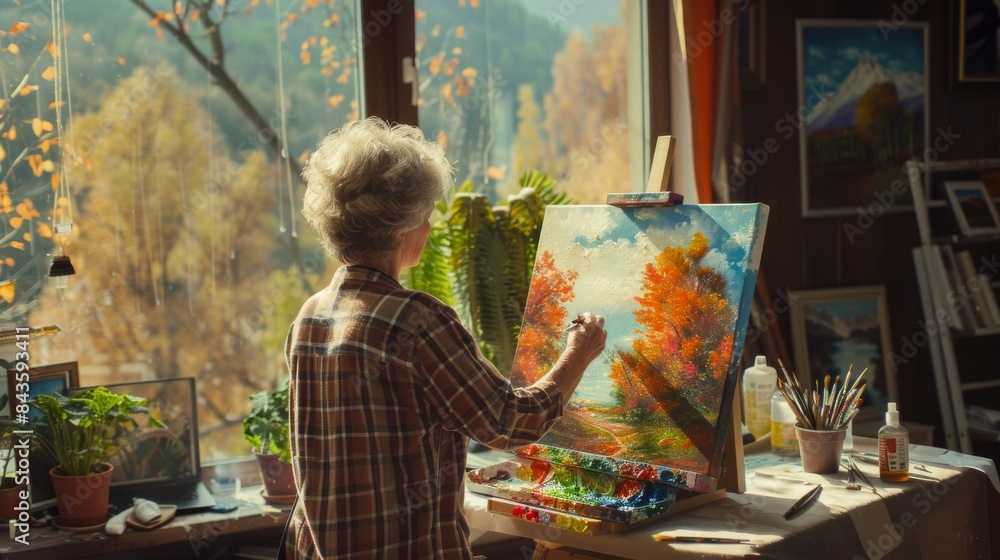 Elderly artist painting a landscape in a sunlit studio with colorful autumn trees outside the window, creating a serene and artistic atmosphere. Elderly artist painting a landscape in a sunlit studio with colorful autumn trees outside the window, creating a serene and artistic atmosphere.