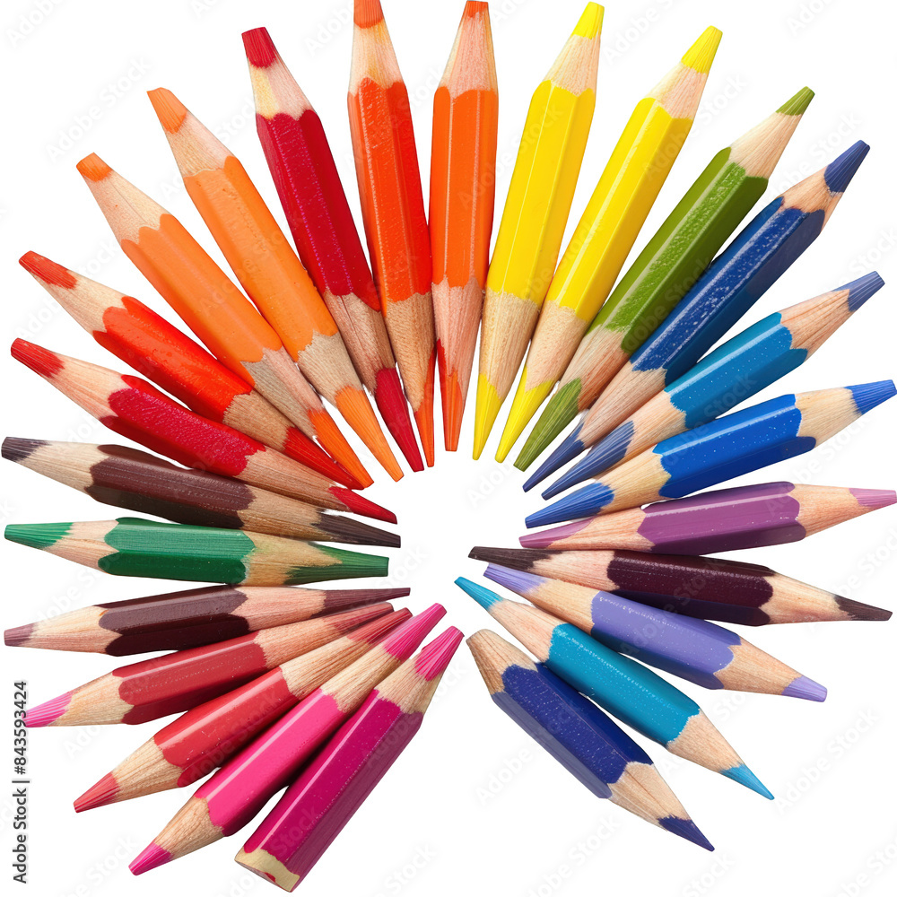 Fototapeta premium Rainbow Circle of Colored Pencils with Sharpened Tips Arranged in Cheerful, Outward-Facing Pattern on White Background