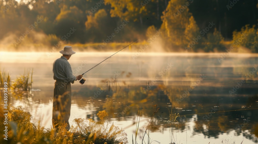Man fishing at sunrise on a misty lake surrounded by nature, creating a peaceful and serene outdoor scene with calm waters and vibrant greenery. Man fishing at sunrise on a misty lake surrounded by nature, creating a peaceful and serene outdoor scene with calm waters and vibrant greenery.
