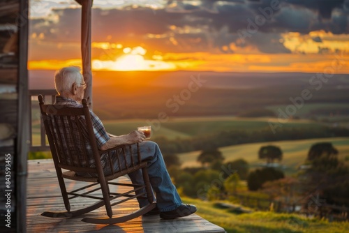 Elderly man relaxing on a rocking chair, enjoying a picturesque sunset view over vast, rolling hills and a tranquil countryside landscape.