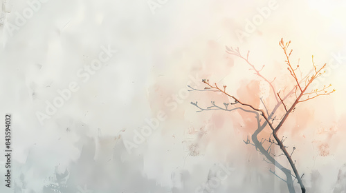 Painting of light reflection on wall with branch. Watercolor pastel colors aesthetic minimalism background with neutral style. Empty wall with color gradients as elegant and simple backdrop 