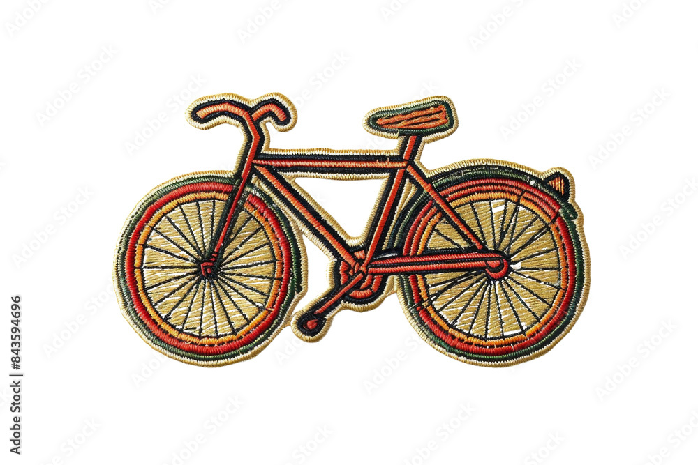 Fototapeta premium Vintage bicycle patch with intricate red and gold embroidery, ideal for clothing accessories, crafts, and personalization projects.