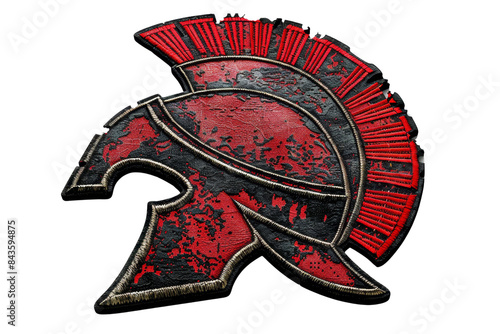 Vintage red and black Spartan helmet illustration with distressed texture and detailed design. photo