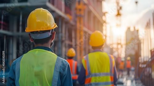 image of workers wearing safety gear at a construction site, 8k.