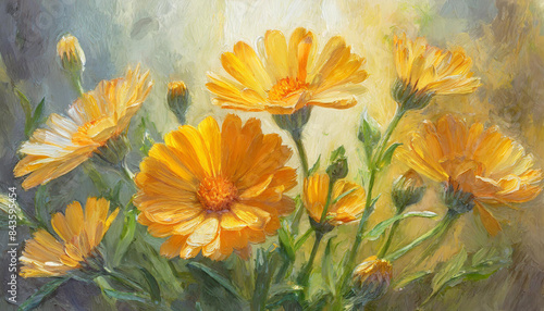 Beautiful digital painting close up of a bunch of Calendula flowers, oil painting floral bouquet