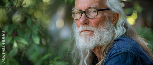 A wise elder with long white hair and a full beard gazes pensively through his black-framed glasses, surrounded by lush greenery.