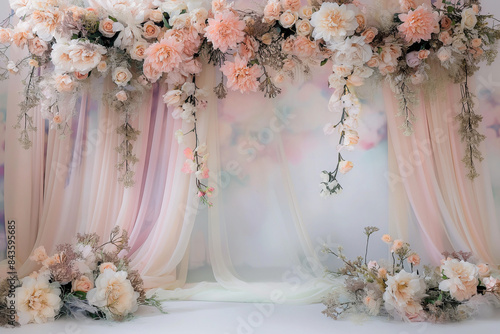 A beautifully designed indoor studio featuring an aesthetic wedding backdrop adorned with elegant flower decorations against a soft pastel color background