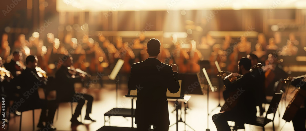 A conductor passionately directs an orchestra, bathed in warm light, as musicians engage in a synchronized, dynamic symphony performance. A conductor passionately directs an orchestra, bathed in warm light, as musicians engage in a synchronized, dynamic symphony performance.