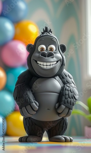 A cartoonish gorilla with a big smile on its face is standing in front of a bunc photo