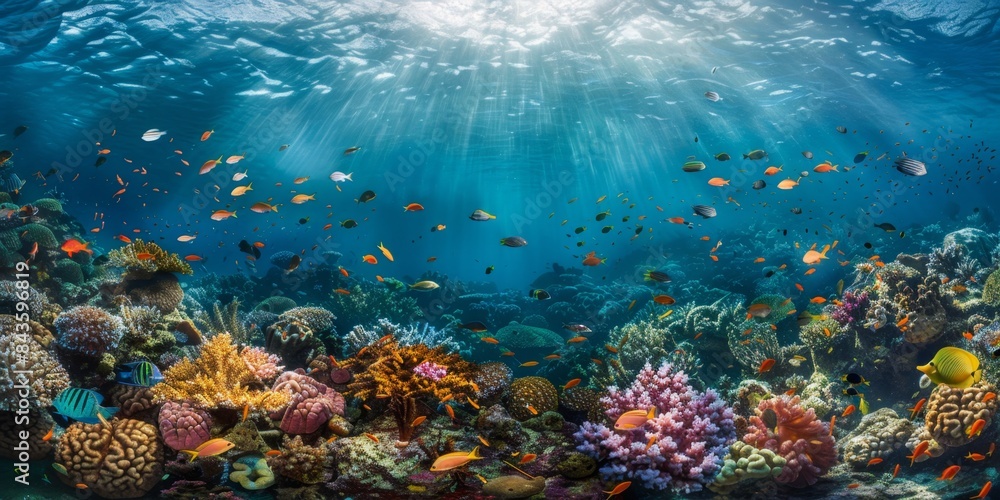 Fototapeta premium Vibrant Coral Reef Underwater Scene With Colorful Fish