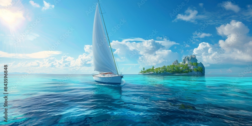 Sailboat Sailing Towards a Tropical Island on a Sunny Day