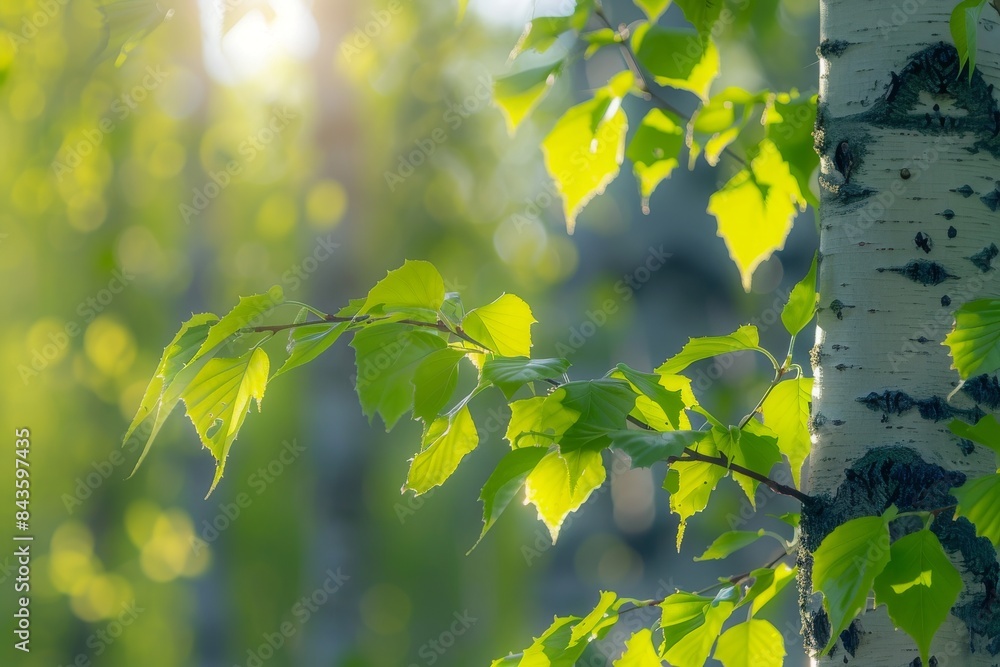 Obraz premium Fresh Green Leaves of a Birch Tree Branch in Sunlight background