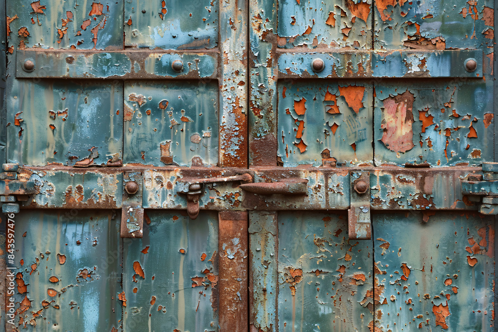 A weathered metal door with peeling paint, rust, and aged textures, showcasing an industrial and vintage atmosphere. A weathered metal door with peeling paint, rust, and aged textures, showcasing an industrial and vintage atmosphere.