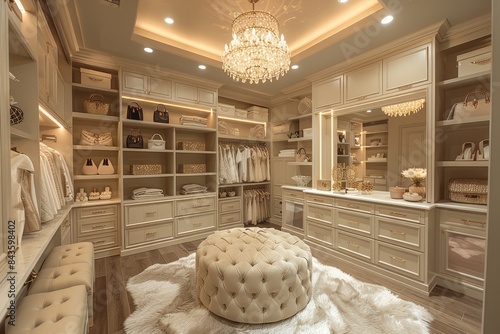 Chic Walk-In Closet A luxurious walk-in closet with built-in shelving, a central island, and a chandelier. Include a full-length mirror and neatly arranged shoes and handbags.