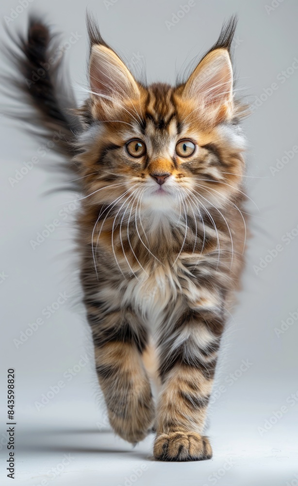 Obraz premium A kitten with long fur walks across a white background
