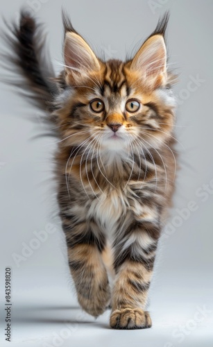 A kitten with long fur walks across a white background