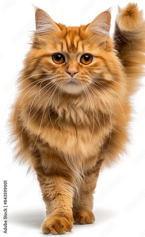 A long haired orange cat walks on a white background A long haired orange cat walks on a white background