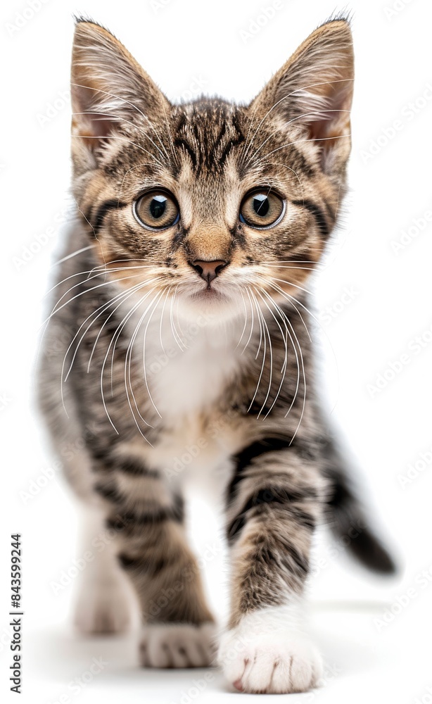 Naklejka premium Pixie-bob cat with long fur walks on a white background