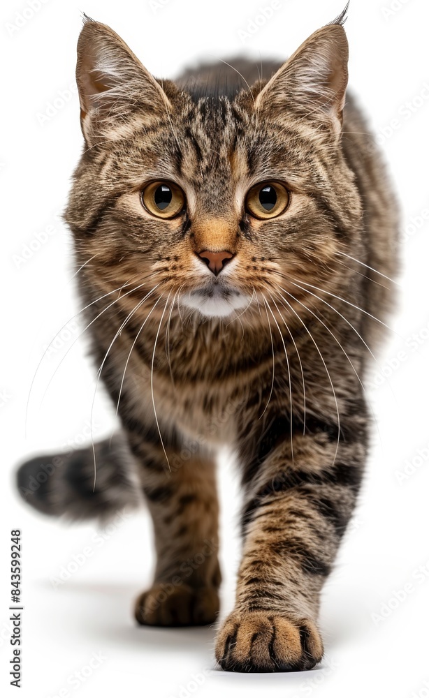 Ocicat cat with a long tail and a striped body walks across a white background Ocicat cat with a long tail and a striped body walks across a white background