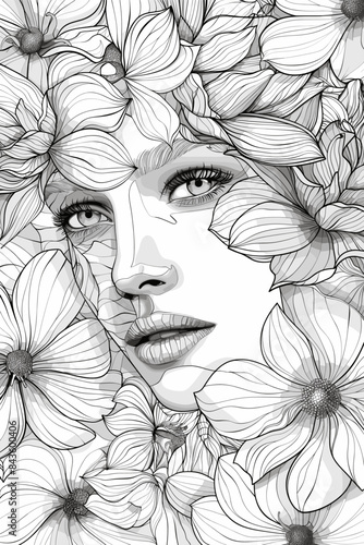 Coloring Book Page with Flowers and a womans face