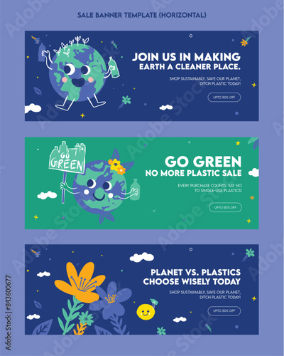 Plastic pollution awareness sale banner template flat illustration