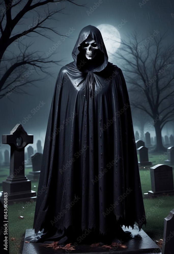 A scary figure in a black cloak, a ghost, in dark foggy cemetery. Halloween concept poster. A scary figure in a black cloak, a ghost, in dark foggy cemetery. Halloween concept poster.
