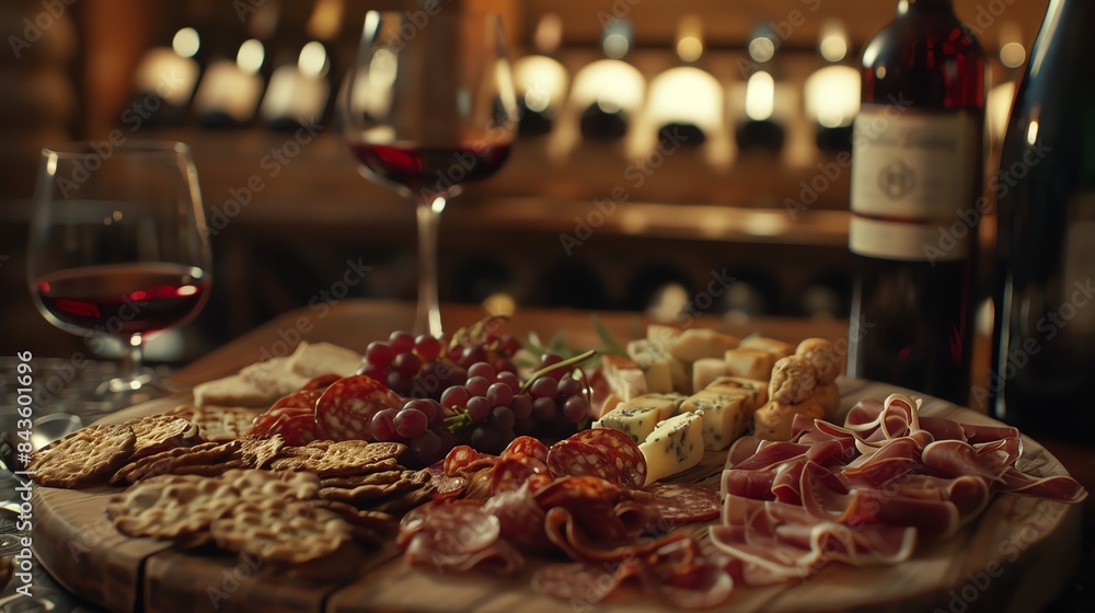 A charcuterie board with cheese, grapes, and meats paired with a glass of red wine in a warm, inviting setting. A charcuterie board with cheese, grapes, and meats paired with a glass of red wine in a warm, inviting setting.