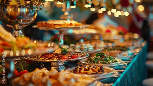 A buffet table laden with a variety of delicious food, perfect for a festive gathering.