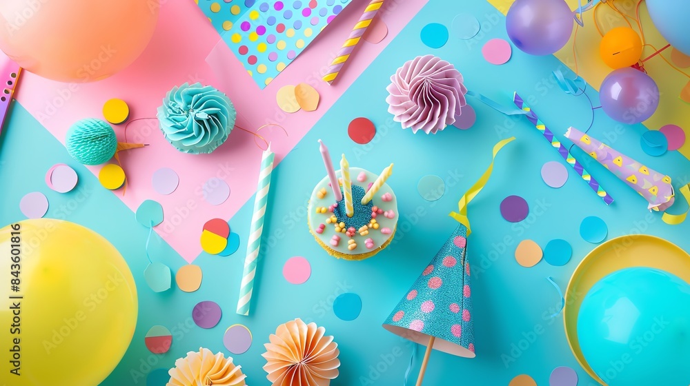 Fototapeta premium A colorful birthday party celebration with balloons, confetti, cake, and party supplies.