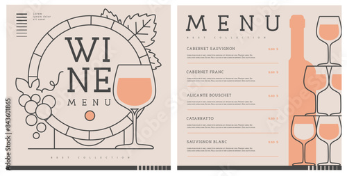 Restaurant wine menu design with pyramid of glasses. Line art modern vector illustration