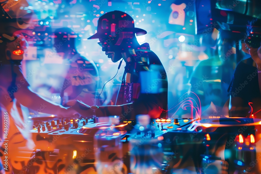 A DJ mixes music in a crowded nightclub, bathed in colorful lights A DJ mixes music in a crowded nightclub, bathed in colorful lights