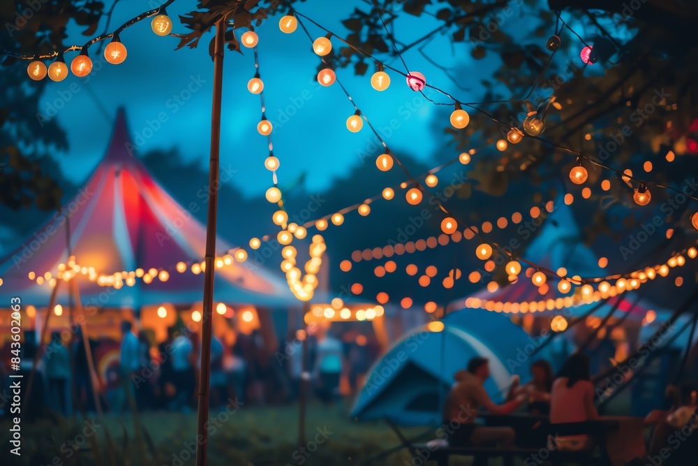 A festive night scene with a large tent illuminated by string lights. People gather around tables and enjoy the atmosphere. A festive night scene with a large tent illuminated by string lights. People gather around tables and enjoy the atmosphere.