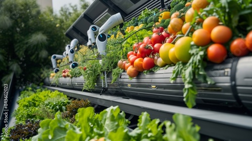 Photo of a smart vegetable garden on the roof of a building, where robotic pickers automatically pick ripe fruits and vegetables, determining their readiness by color and texture. --no text --ar 16:9 photo