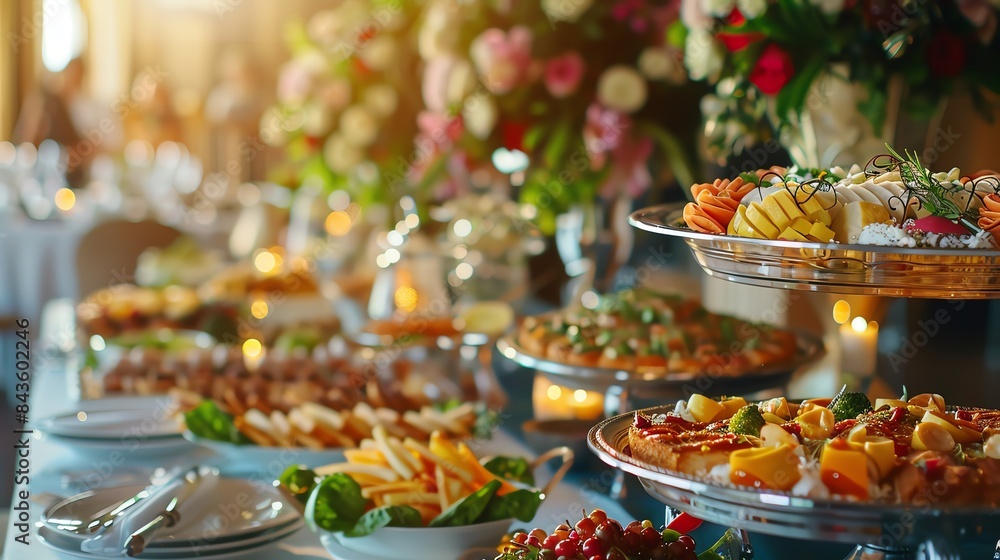 A lavish buffet table with an assortment of delicious appetizers, pastries, and desserts A lavish buffet table with an assortment of delicious appetizers, pastries, and desserts