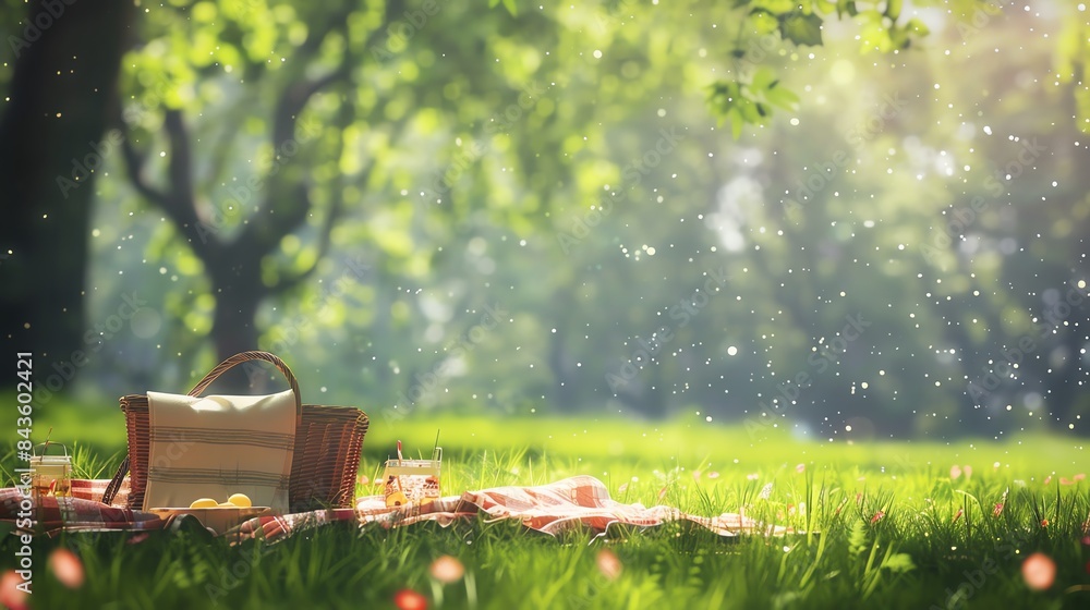 A picnic blanket laid out on a lush green meadow under a canopy of trees, perfect for a relaxing summer day. A picnic blanket laid out on a lush green meadow under a canopy of trees, perfect for a relaxing summer day.