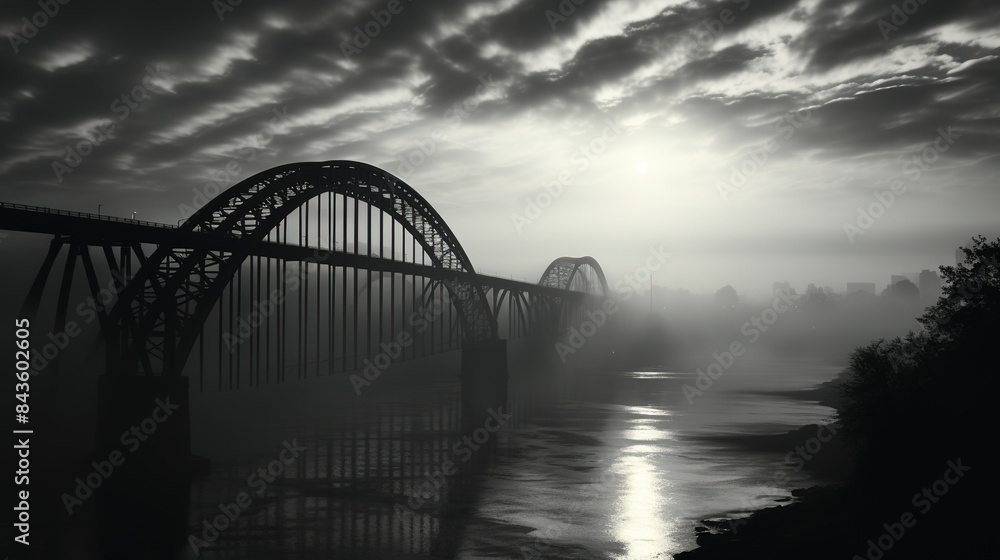 Naklejka premium Crepuscular Ray on iron bridge over the river