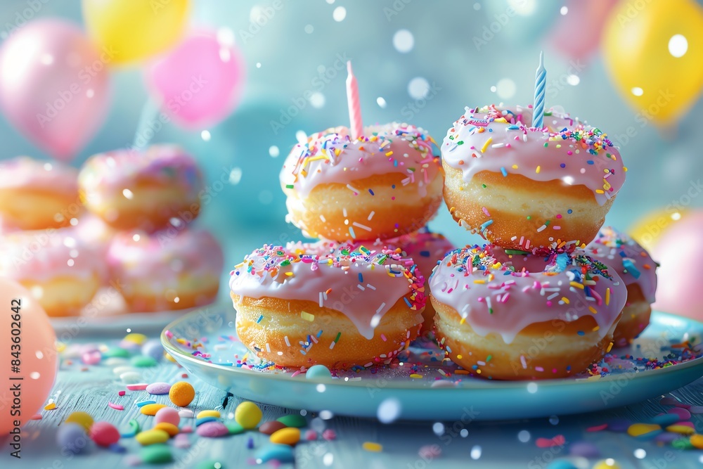 A stack of pink glazed donuts with sprinkles and a single candle, surrounded by colorful confetti and balloons. Perfect for birthday celebration. A stack of pink glazed donuts with sprinkles and a single candle, surrounded by colorful confetti and balloons. Perfect for birthday celebration.