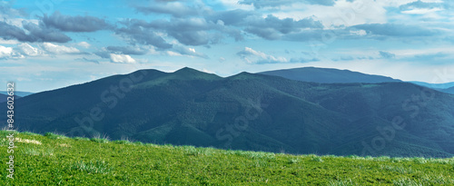 Panorama of a summer mountain landscape. A huge mountain against the cloudy sky